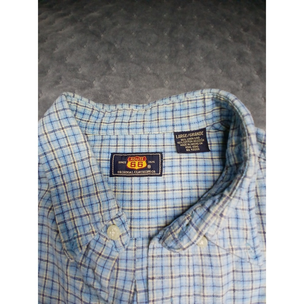 Route 66 Mens Blue Plaid Linen Blend Short Sleeve Button Down Shirt Large - Picture 2 of 6